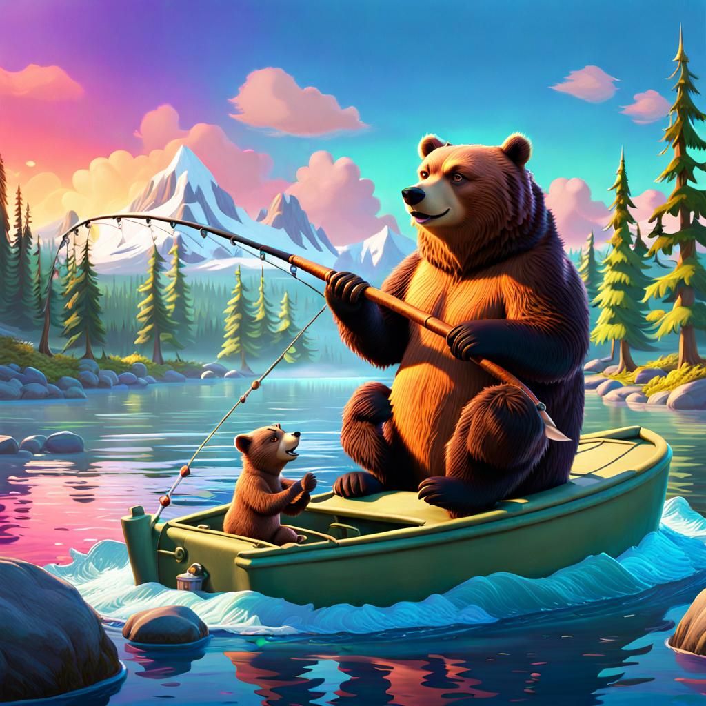 Papa Bear Fishing with Cubs: 3D Digital Art