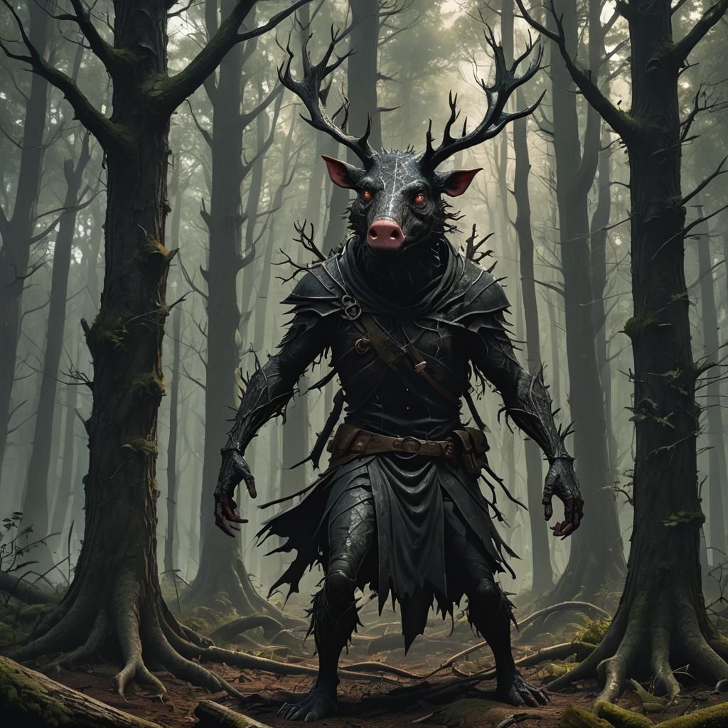 Peppa Pig Killer in Hellish Forest, Dark Fantasy Art