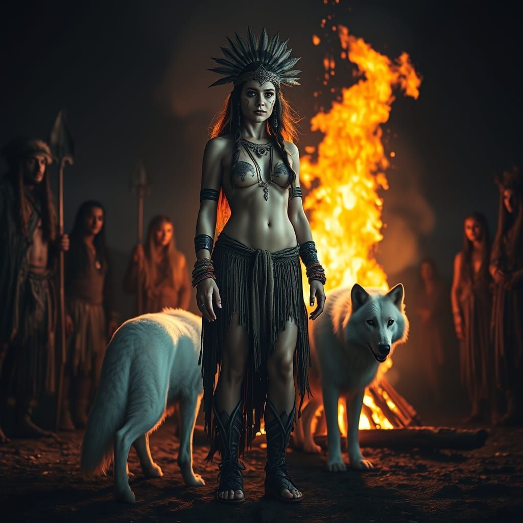 Mysterious Witch Embraced by Tribe in Dark Night