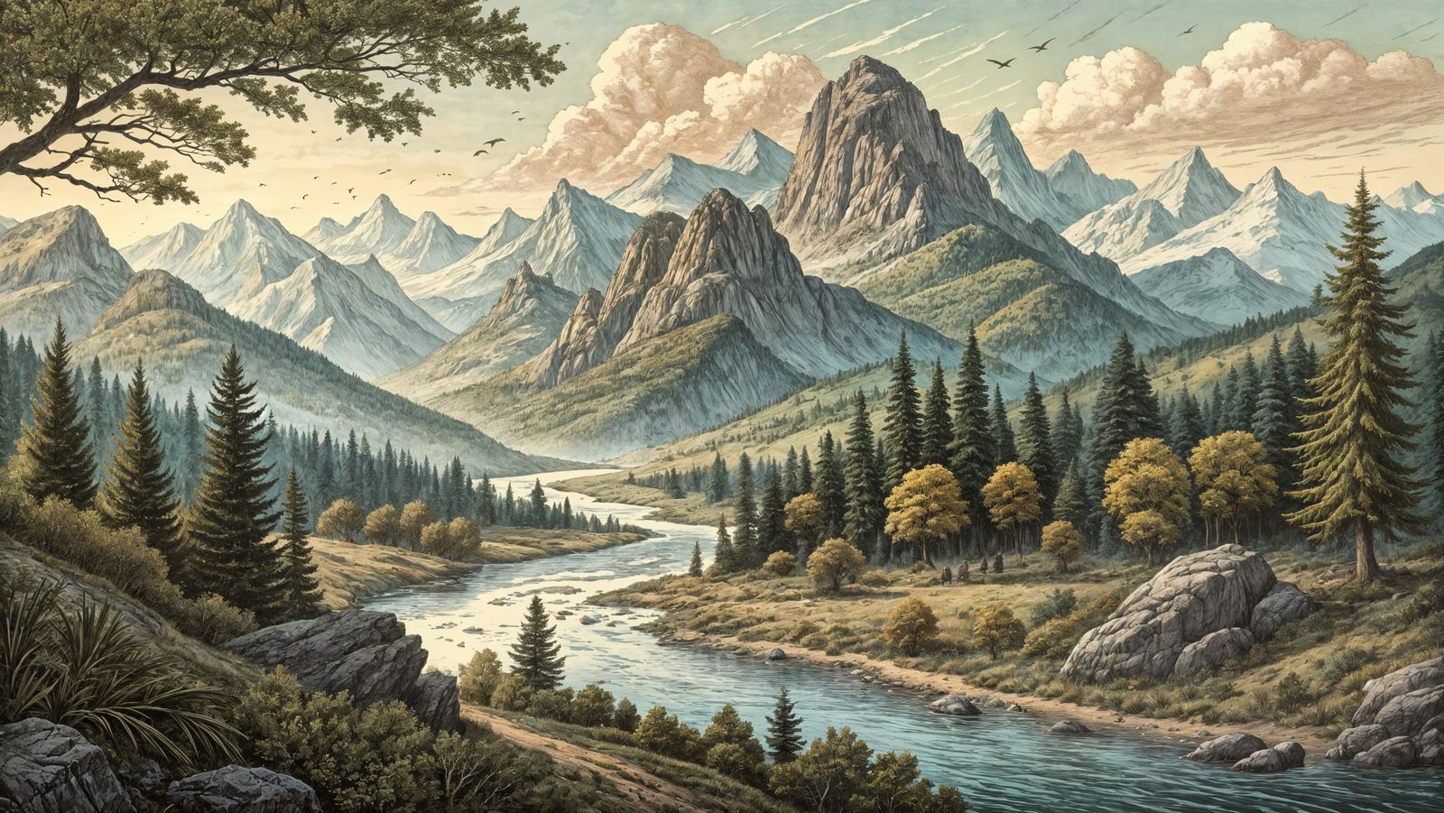 Fantasy Landscape Illustration in Audubon Style