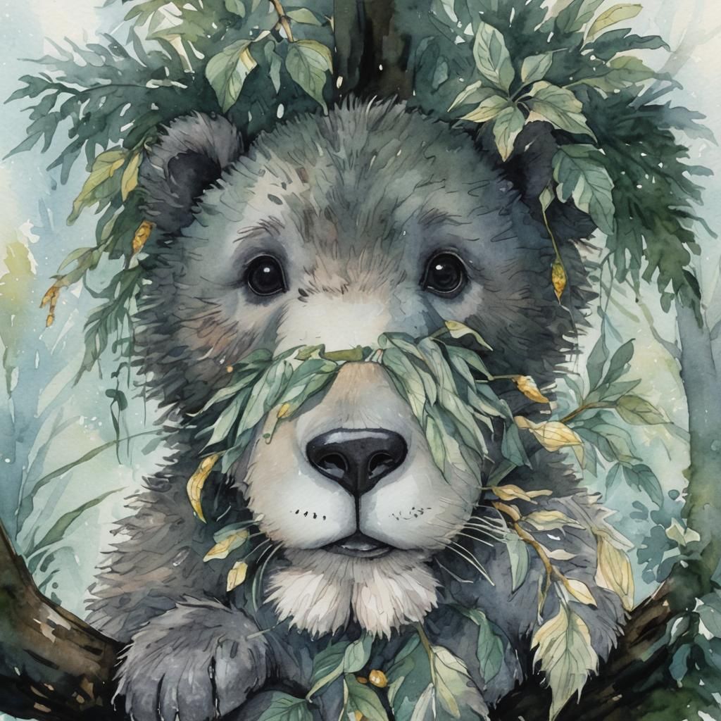 Teddy Bear Eating Corn in Watercolor Forest