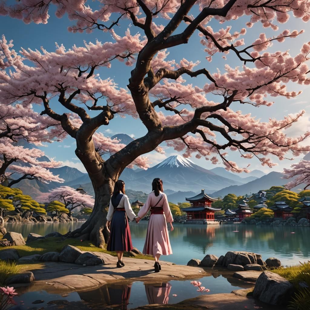 Sakura Tree Scene with Figures, Matte Painting