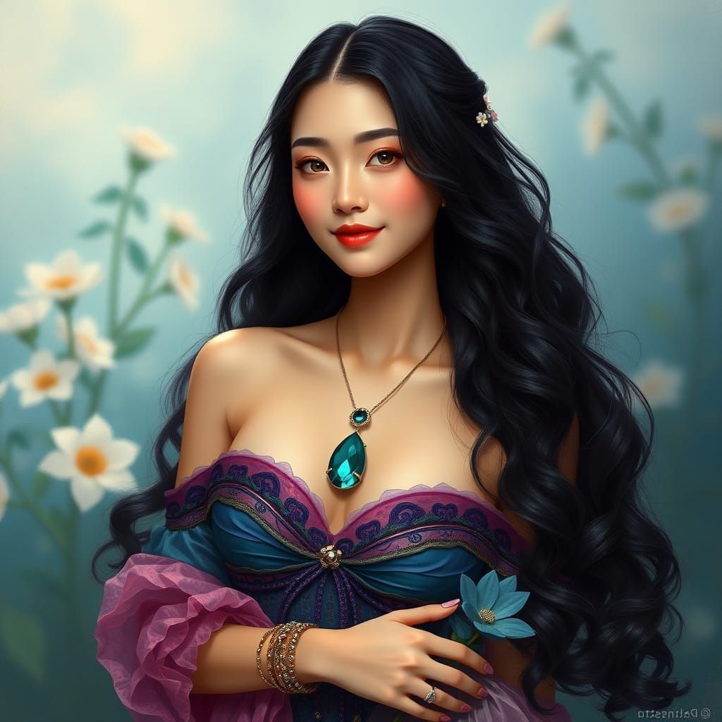 Ethereal Korean Goddess in Whimsical, Painterly Gown