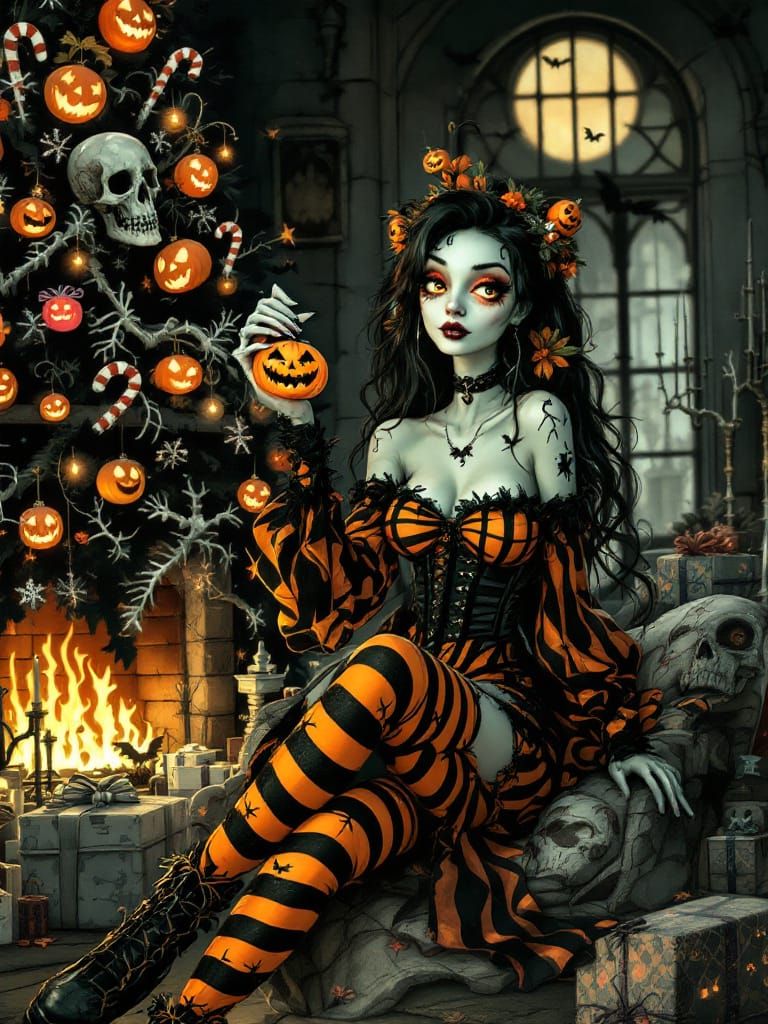 Gothic Pin-Up Witch with Jack-o'-Lantern in Burtonesque Styl...