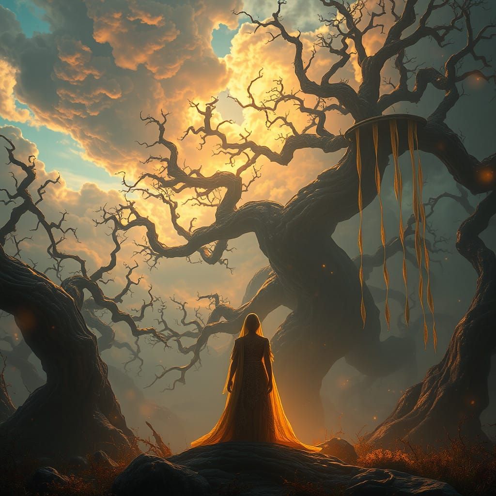 Poised Figure in Golden Light Amidst a Fantastical Landscape