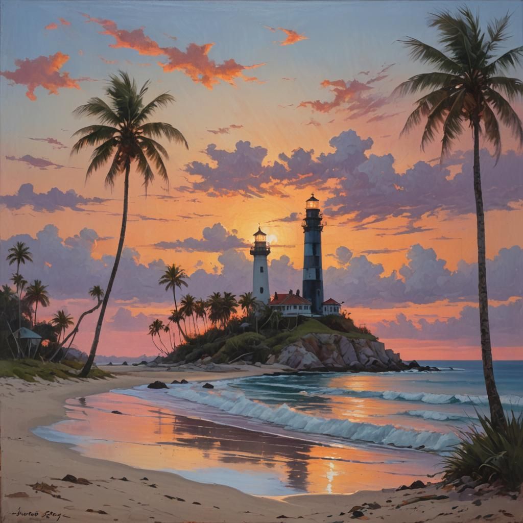 Tropical Sunset Oil Painting with Lighthouse