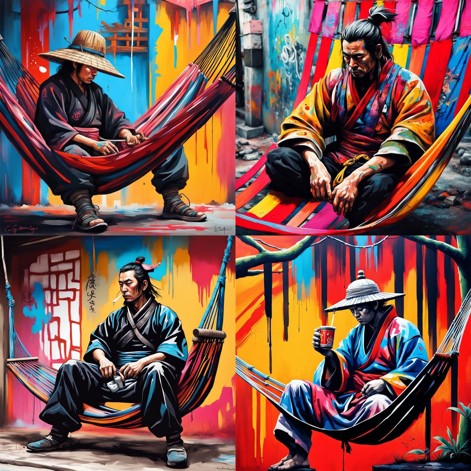 Samurai Relaxing in Hammock: Graffiti Art Style