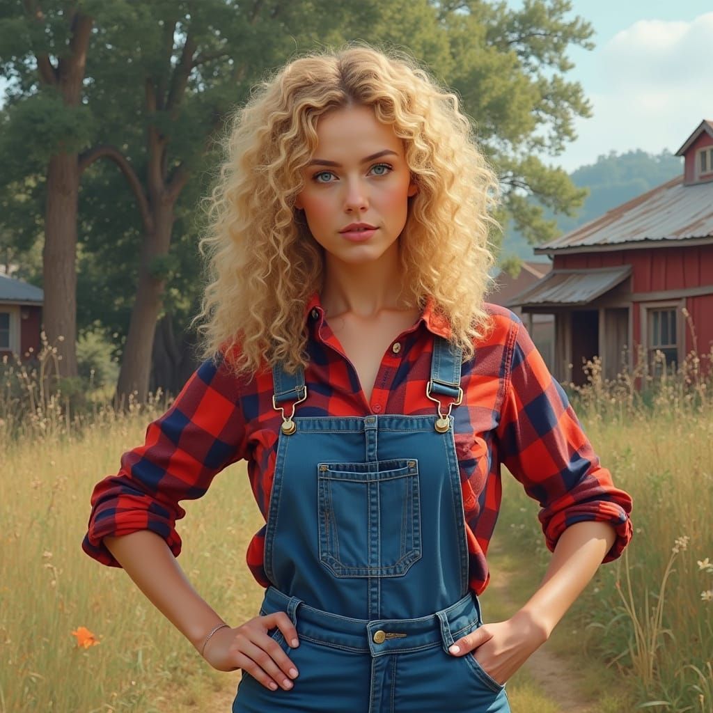 Woman in Overalls: A Digital Pop Art Realism Portrait