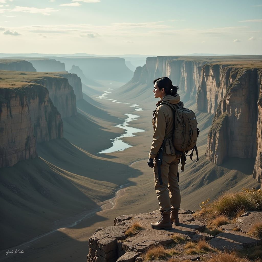 Heroic Explorer Stands at Cliff's Edge, Gazing Out at Breath...