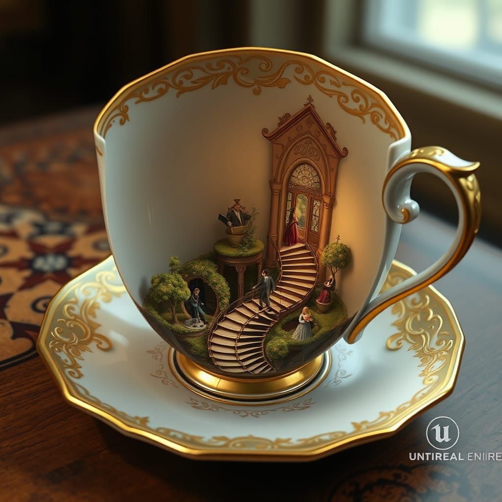 Fantastical World in Teacup, Matte Painting Style