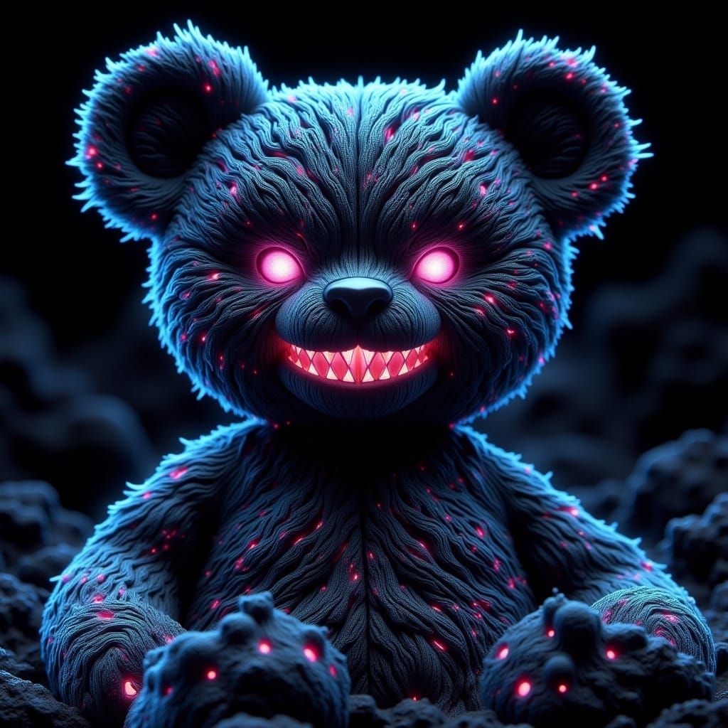 Evil Teddy Bear with Glowing Blue Cracks