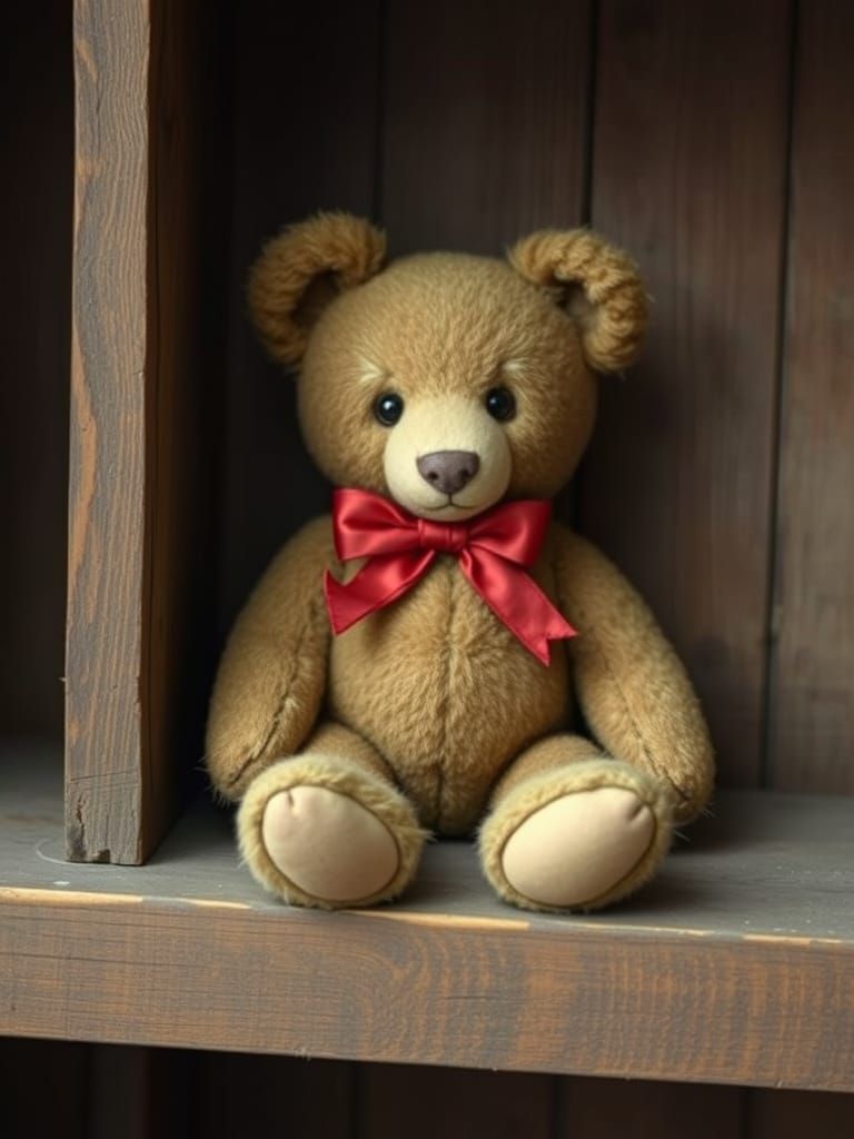 Whimsical Teddy Bear on Dusty Shelf