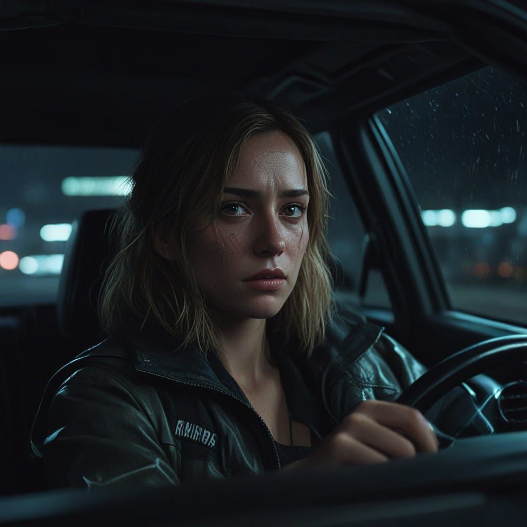 Frustrated Woman In Dark Car At Night