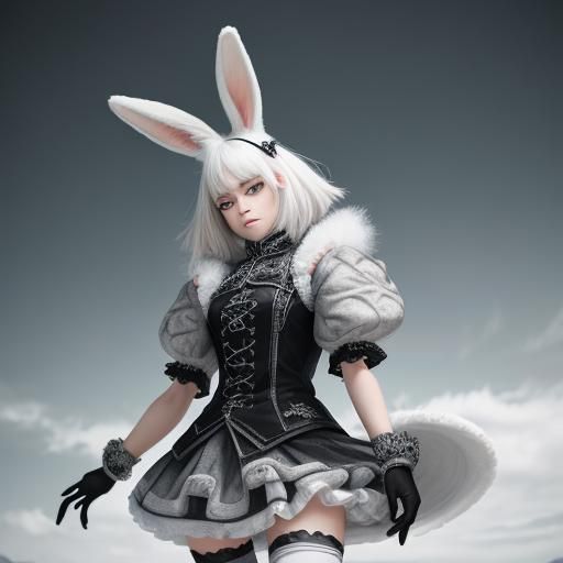 Hyperrealistic Girl with Bunny Ears and Fur Skirt