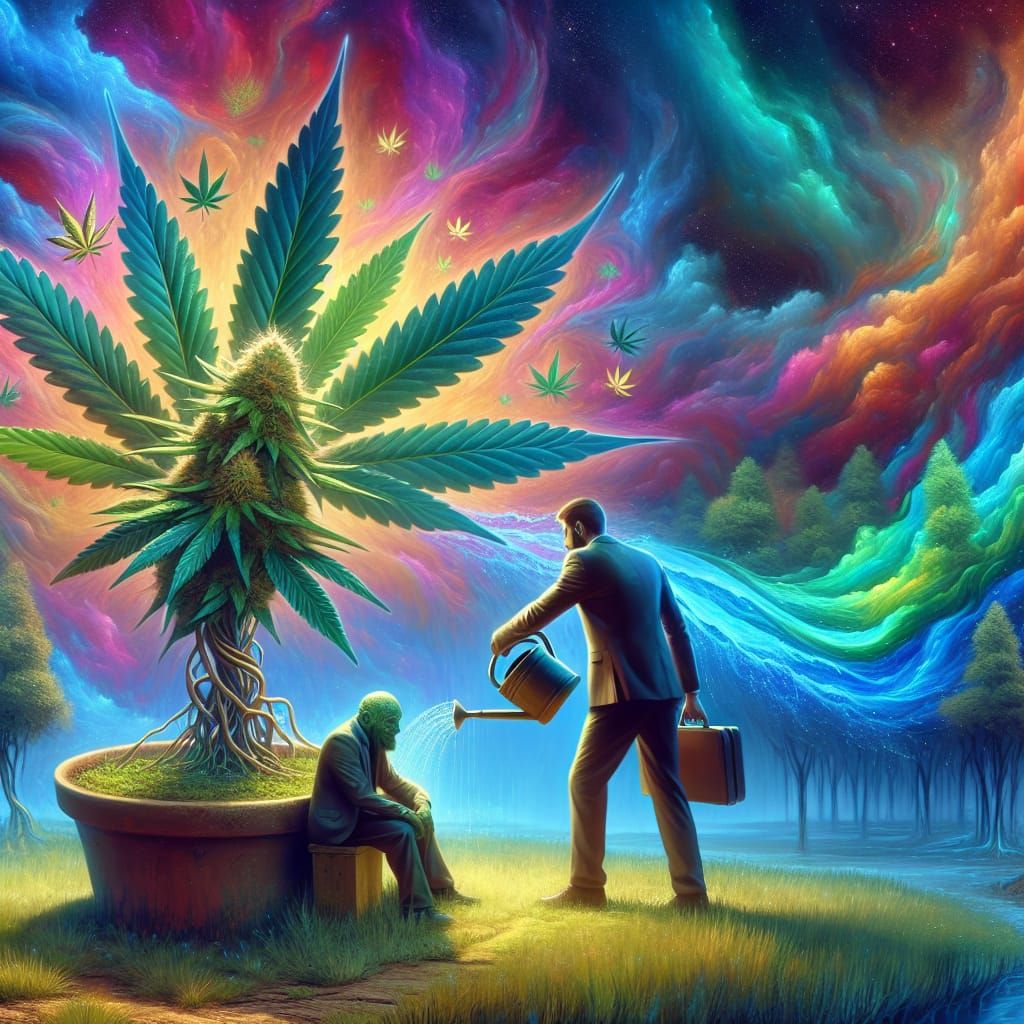 Surreal Cannabis God Tends to Man in a Fantastical World