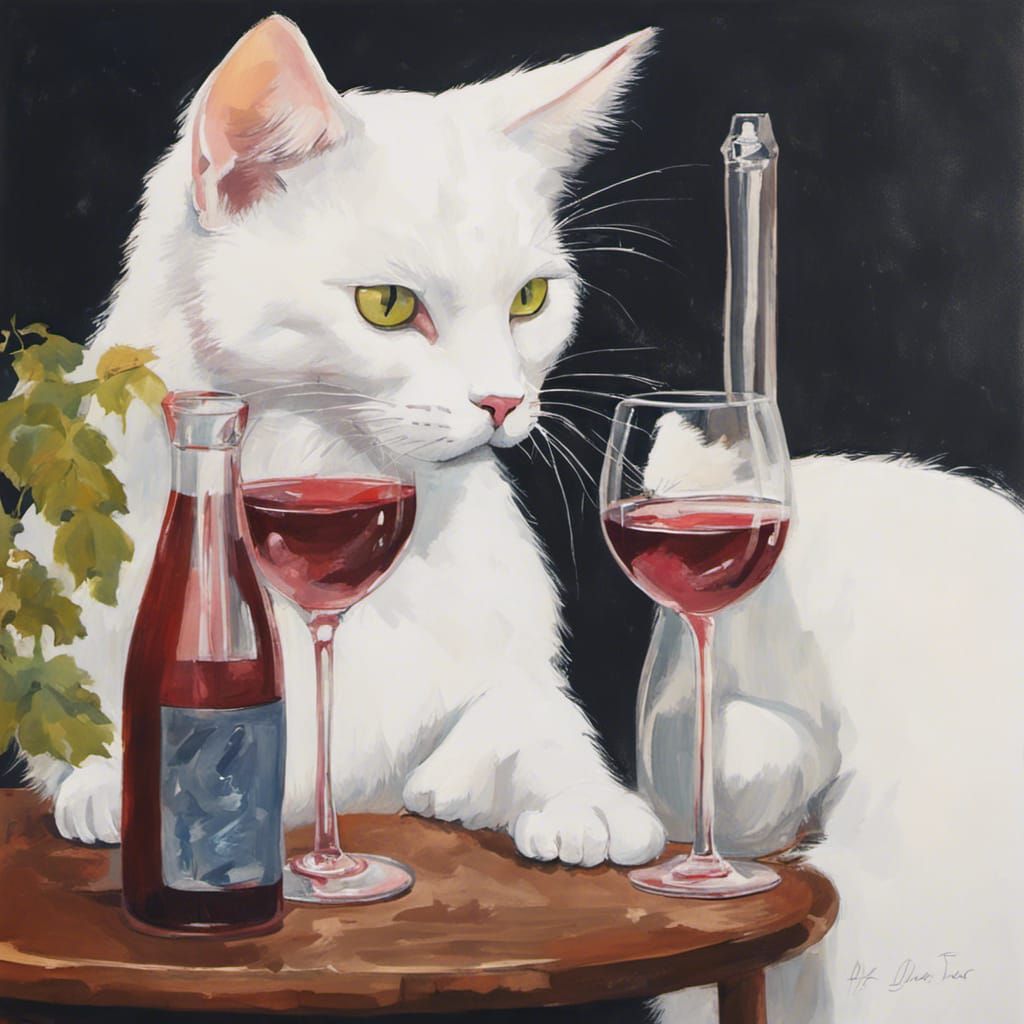 White Cat Drinks Wine: Gouache Painting