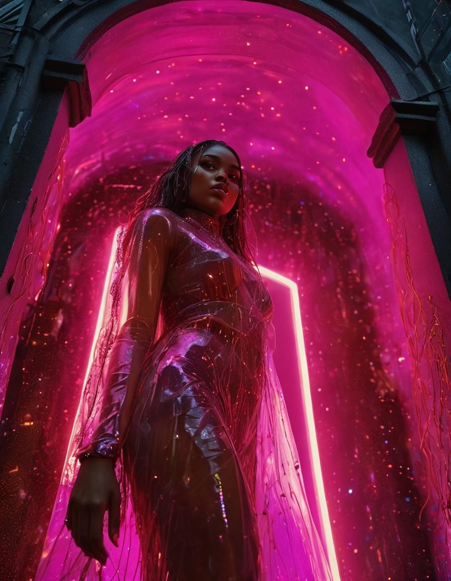 Iridescent Supermodel in Dreamlike Neon Interior