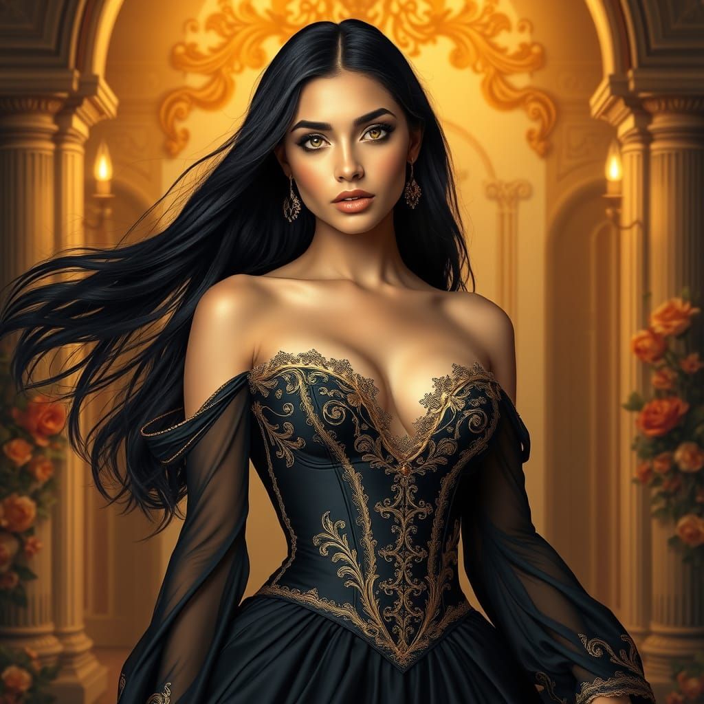 Elegant Latina Woman in Opulent Baroque-Inspired Gown
