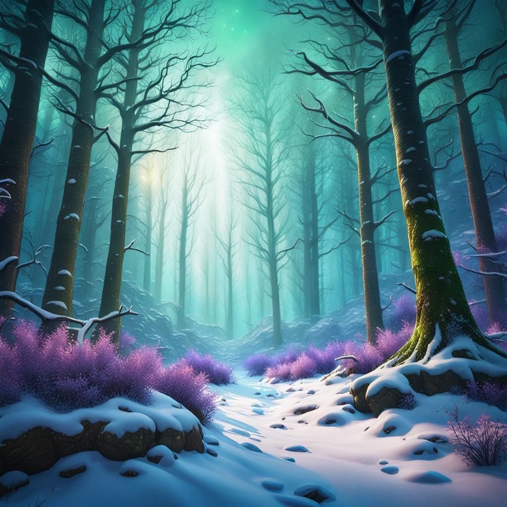 Snowy Forest with Green Trees: Fantasy Matte Painting