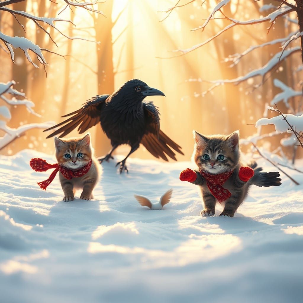 Whimsical Winter Wonderland with Kitties and Crows