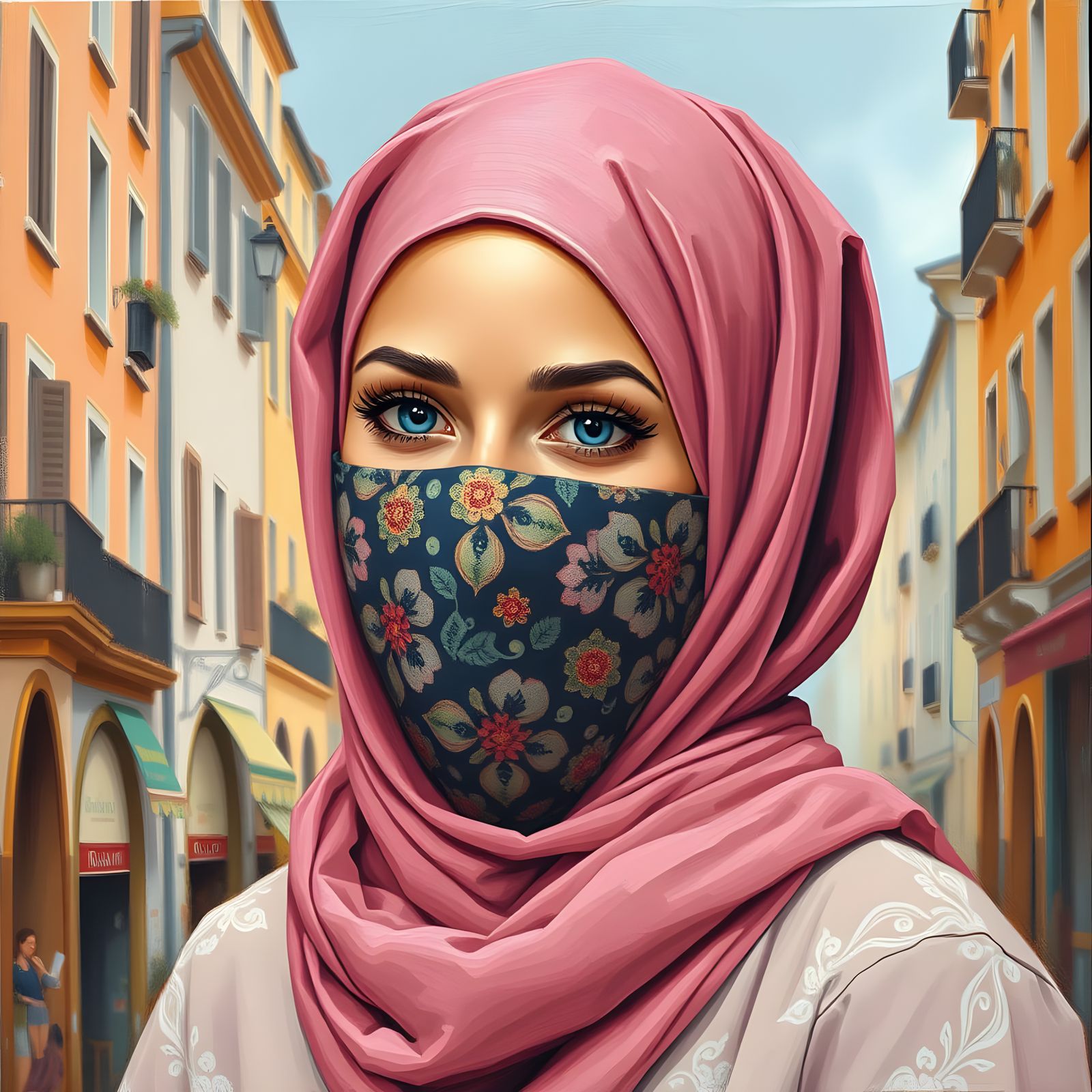 Elegant Hijabi Woman in Cozy City Scene