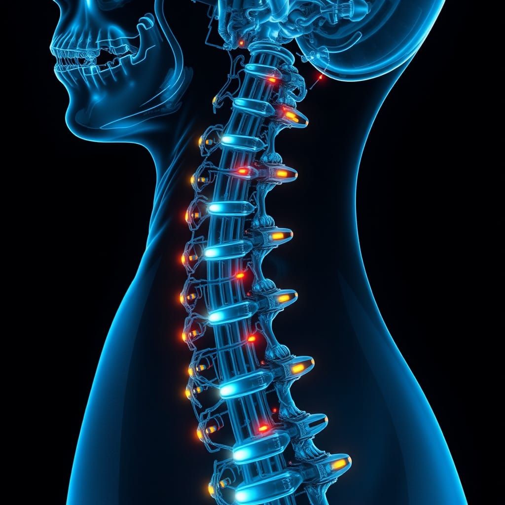 Biomechanical Spine in Neon-Lit Cybernetic X-Ray