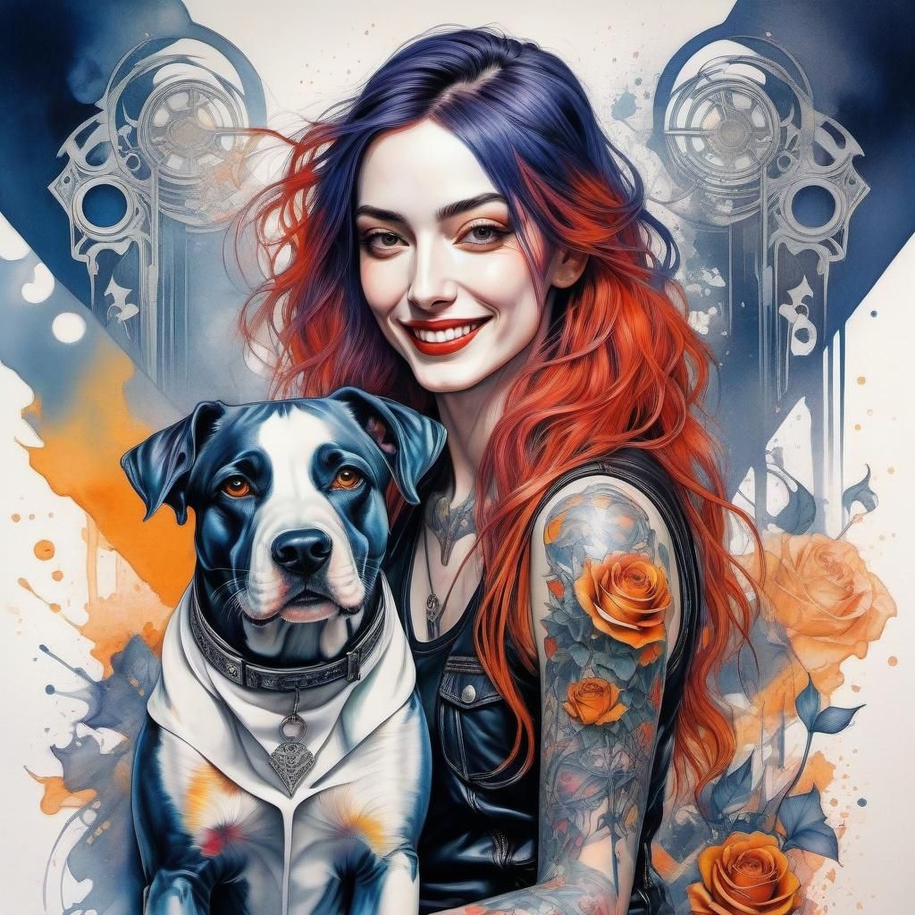 Lovely tattoed girl with her dog