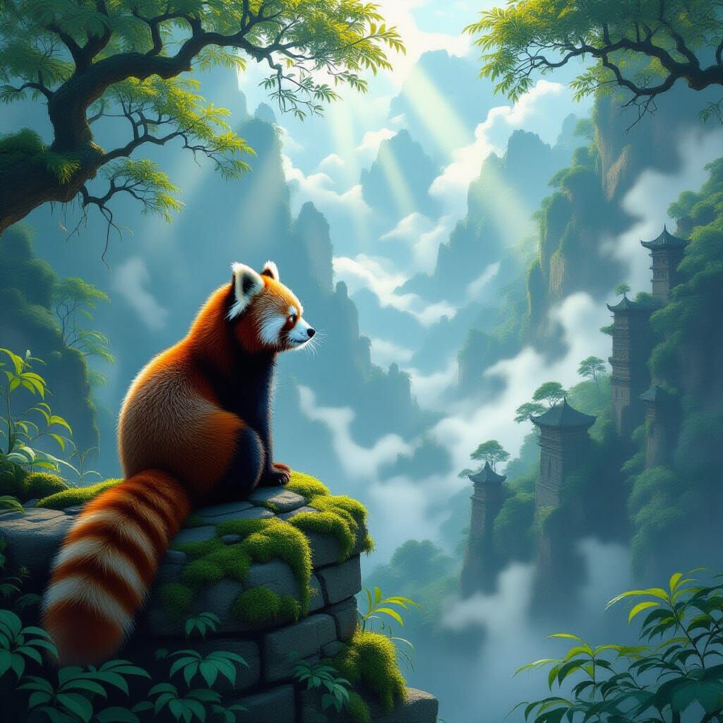 Majestic Red Panda in Ethereal Valley Landscape