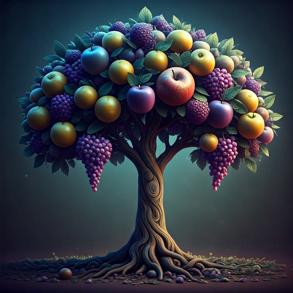 Whimsical Fruit Tree in Cool Stipple Woodcut Style