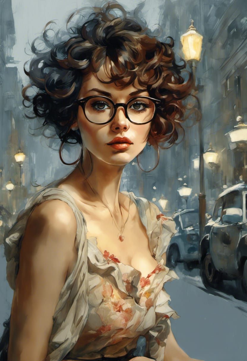 Woman with Curly Hair and Glasses in Gothic Style
