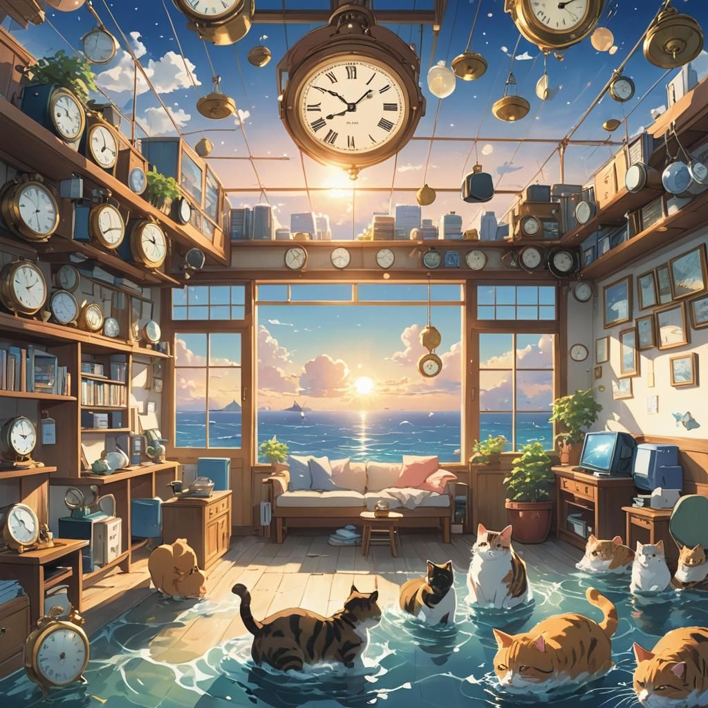 Dreamy Anime House with Cats and Clocks