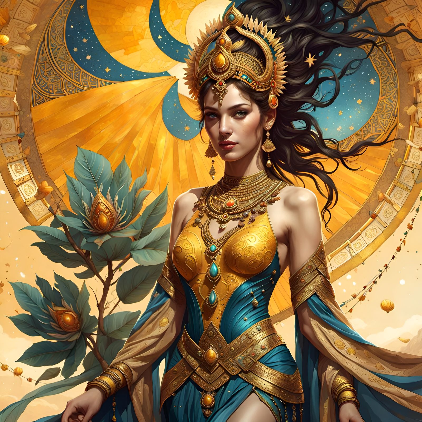 Radiant Goddess in Cosmic Silk Dress: Digital Art