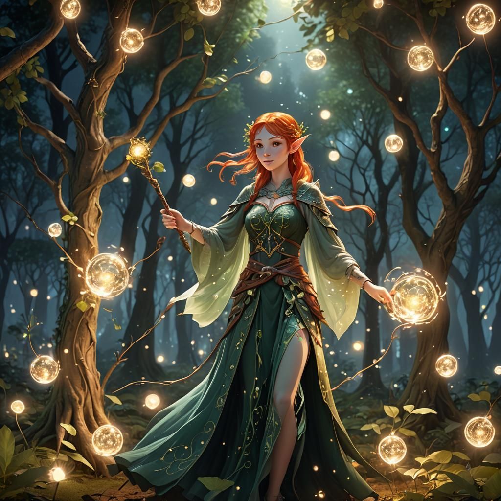 Redhead Elf Mage Practicing Light Magic: Anime 3D