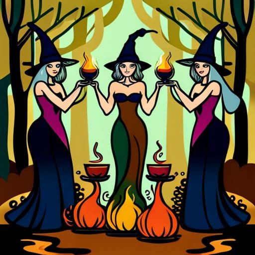 Three Witches Celebrate Autumn Equinox in Art Nouveau