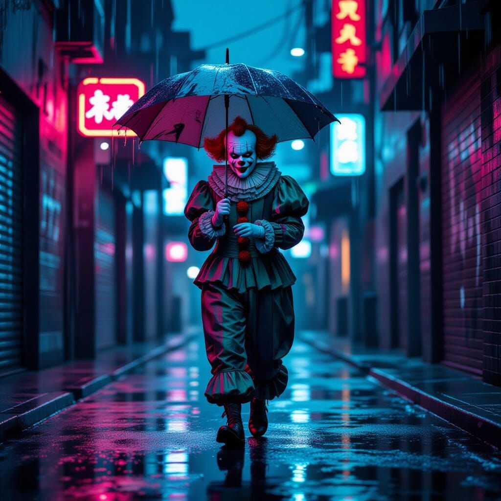 Cyberpunk Clown in Neon Alley
