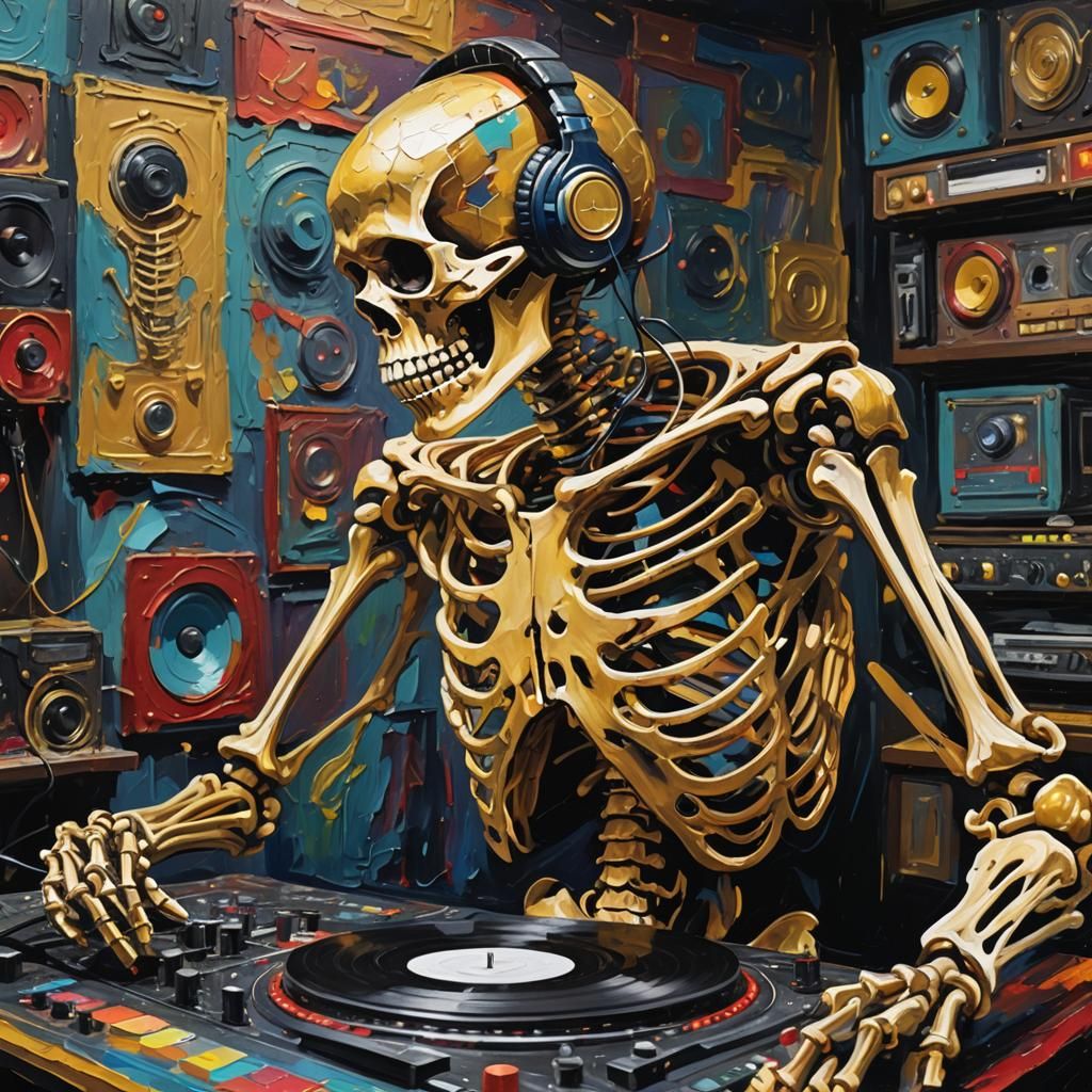 Skeleton DJ in Lavish Studio, Impasto Gouache