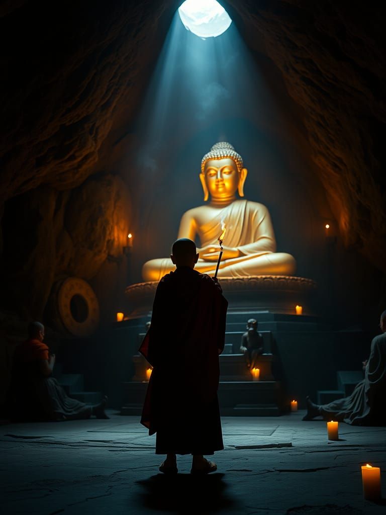 Young Buddhist Monk in Sacred Cave Temple, Inspired by Roger...