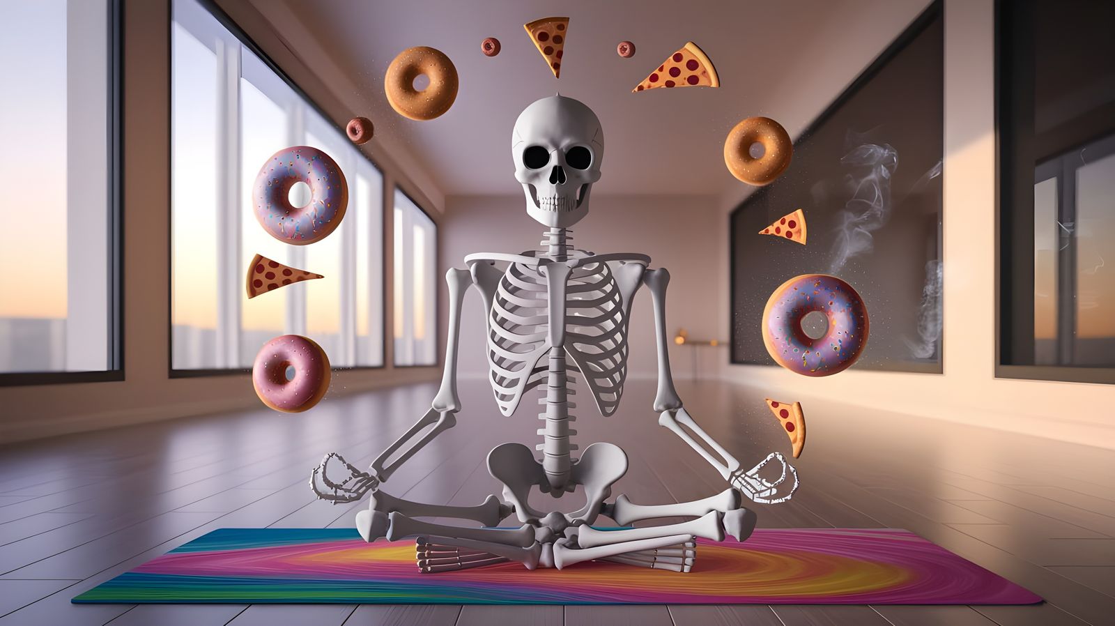 Meditating Skeleton in Yoga Studio as Digital Art