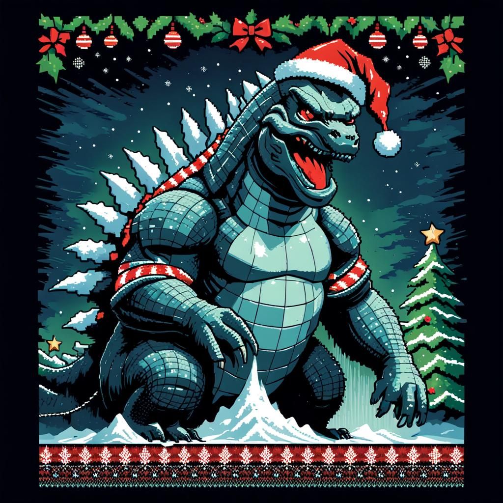 Godzilla Christmas Sweater Pixel Art T-Shirt Design