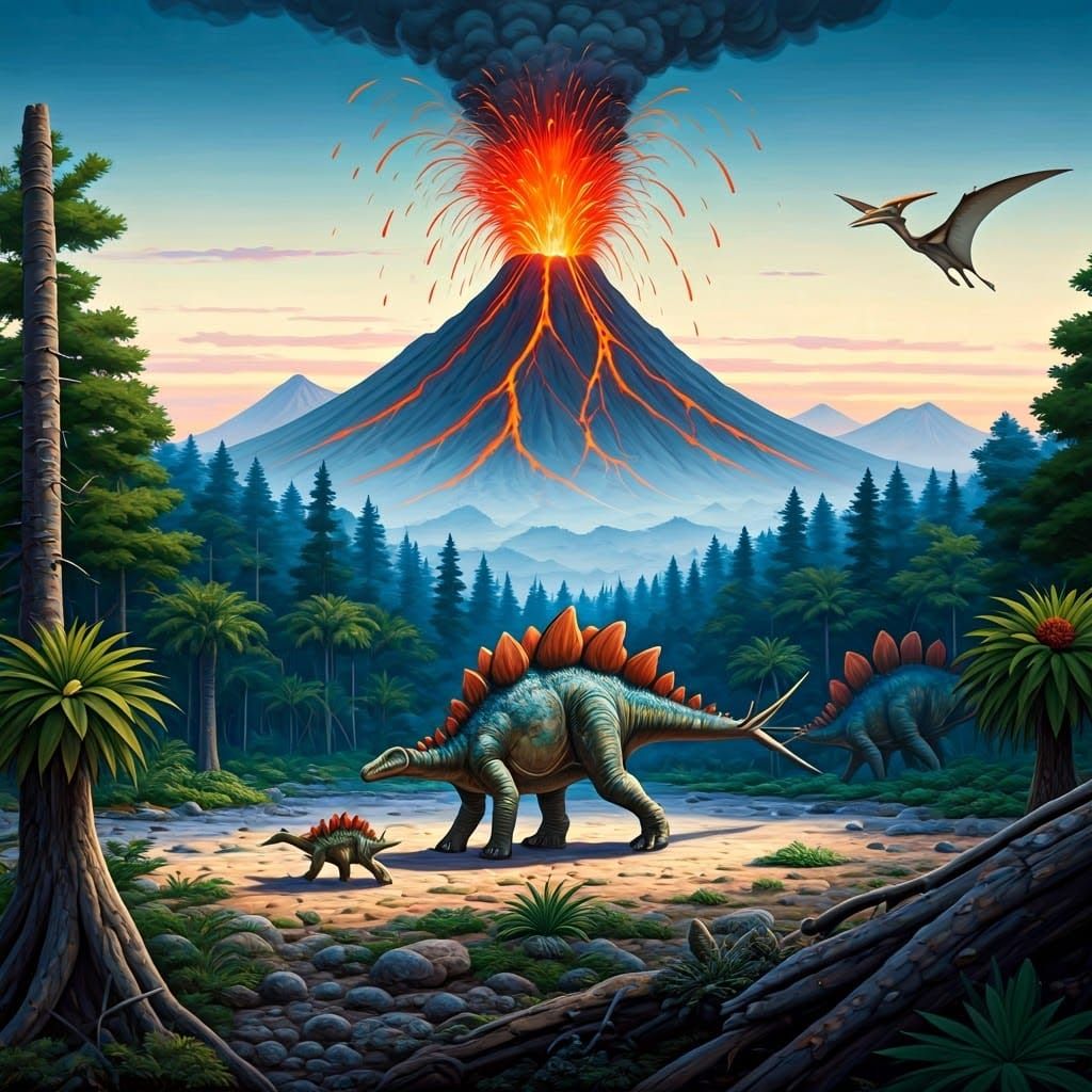 Stegosaurus Family Escapes Volcano in Jurassic Landscape