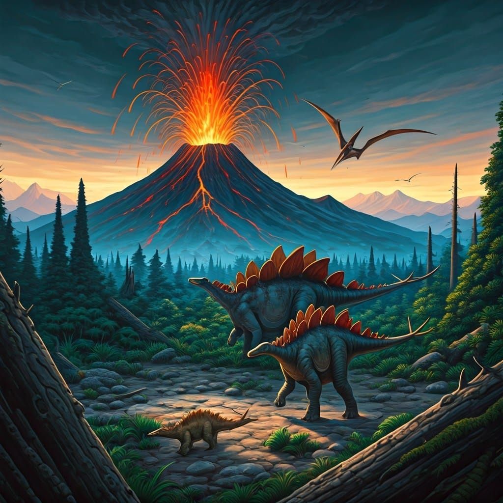 Jurassic Stegosaurus Family Escaping Volcano, Oil Painting
