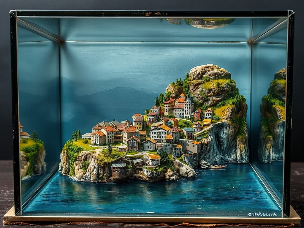 Whimsical Village Diorama in a Glass Box