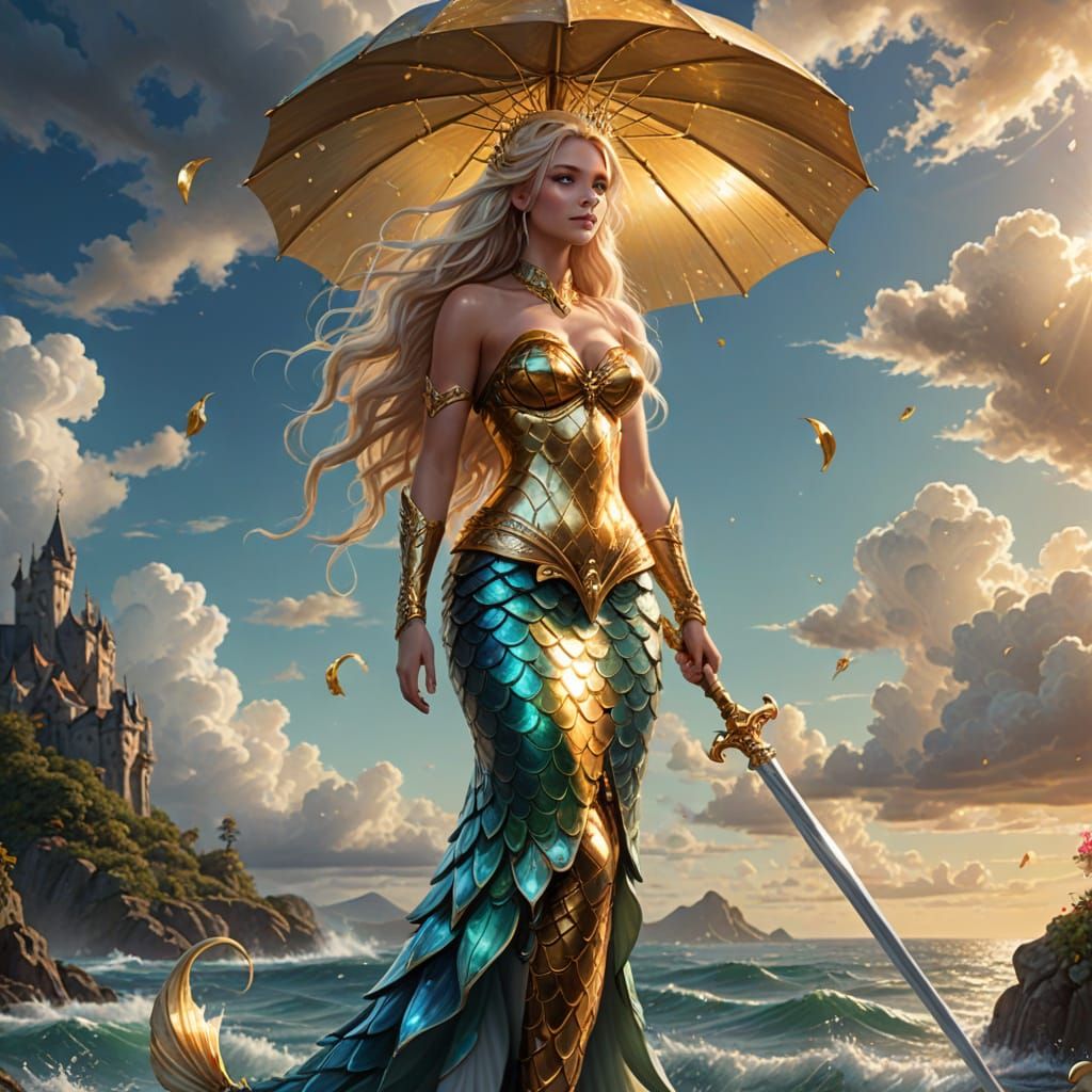 Blonde Mermaid Warrior with Sword and Umbrella