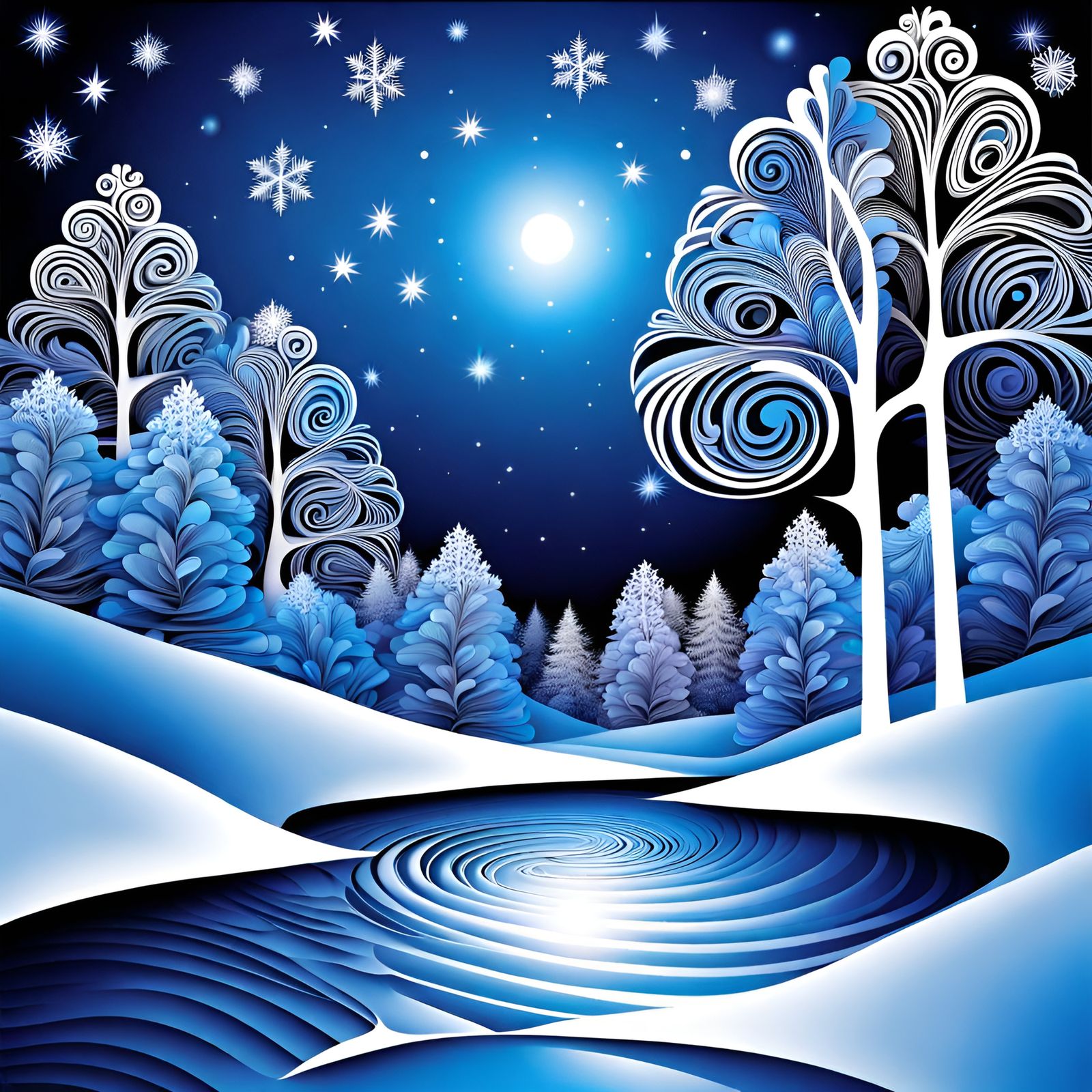 Winter Forest Creek Under Bright Starry Sky