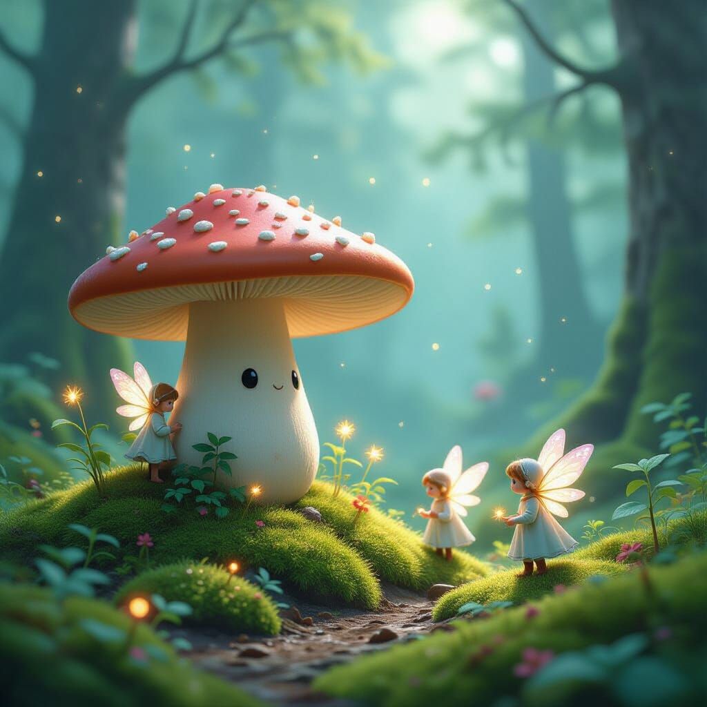 Mushroom Village with Sprites in Ethereal Forest Light