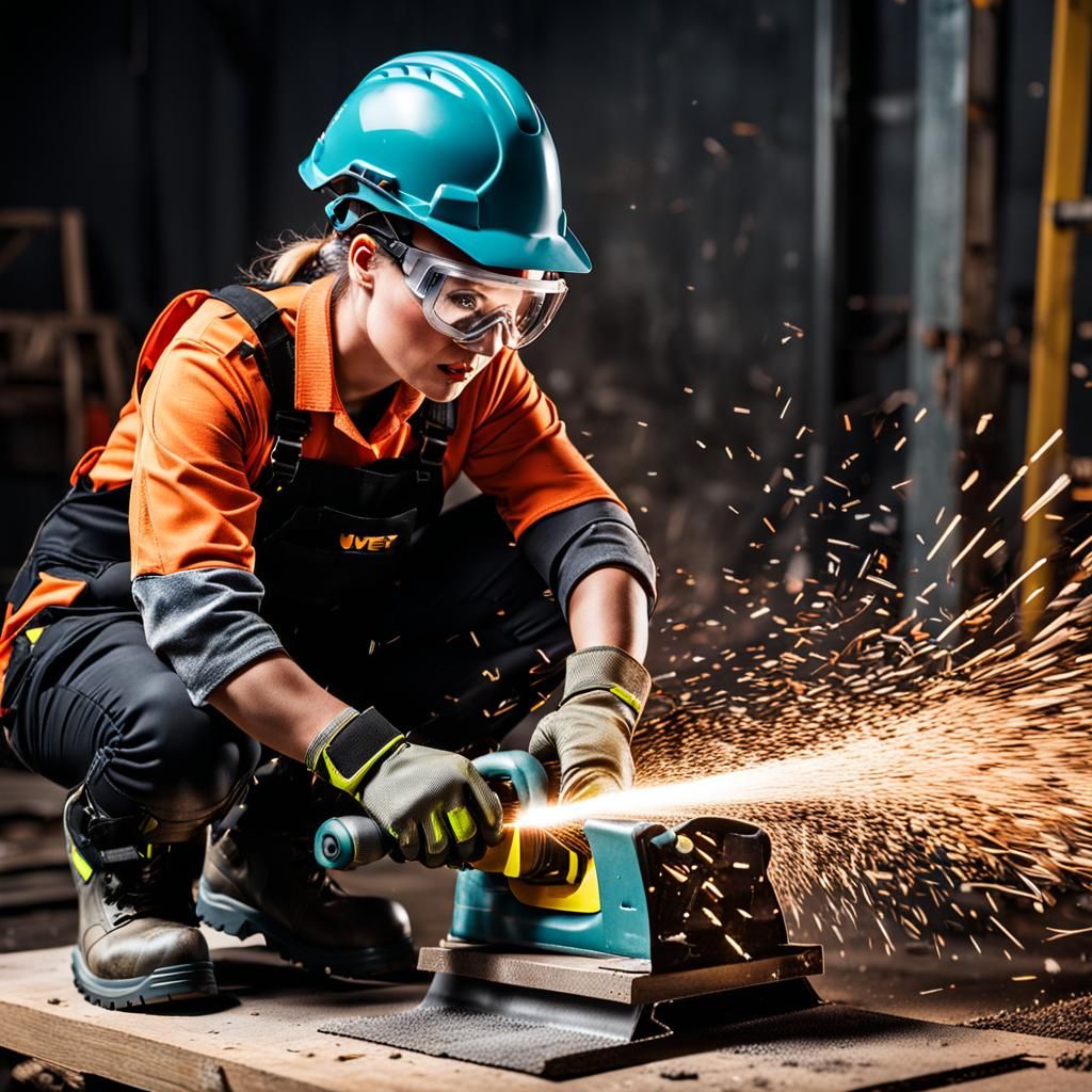 Female Construction Worker Cutting Metal with Safety Gear
