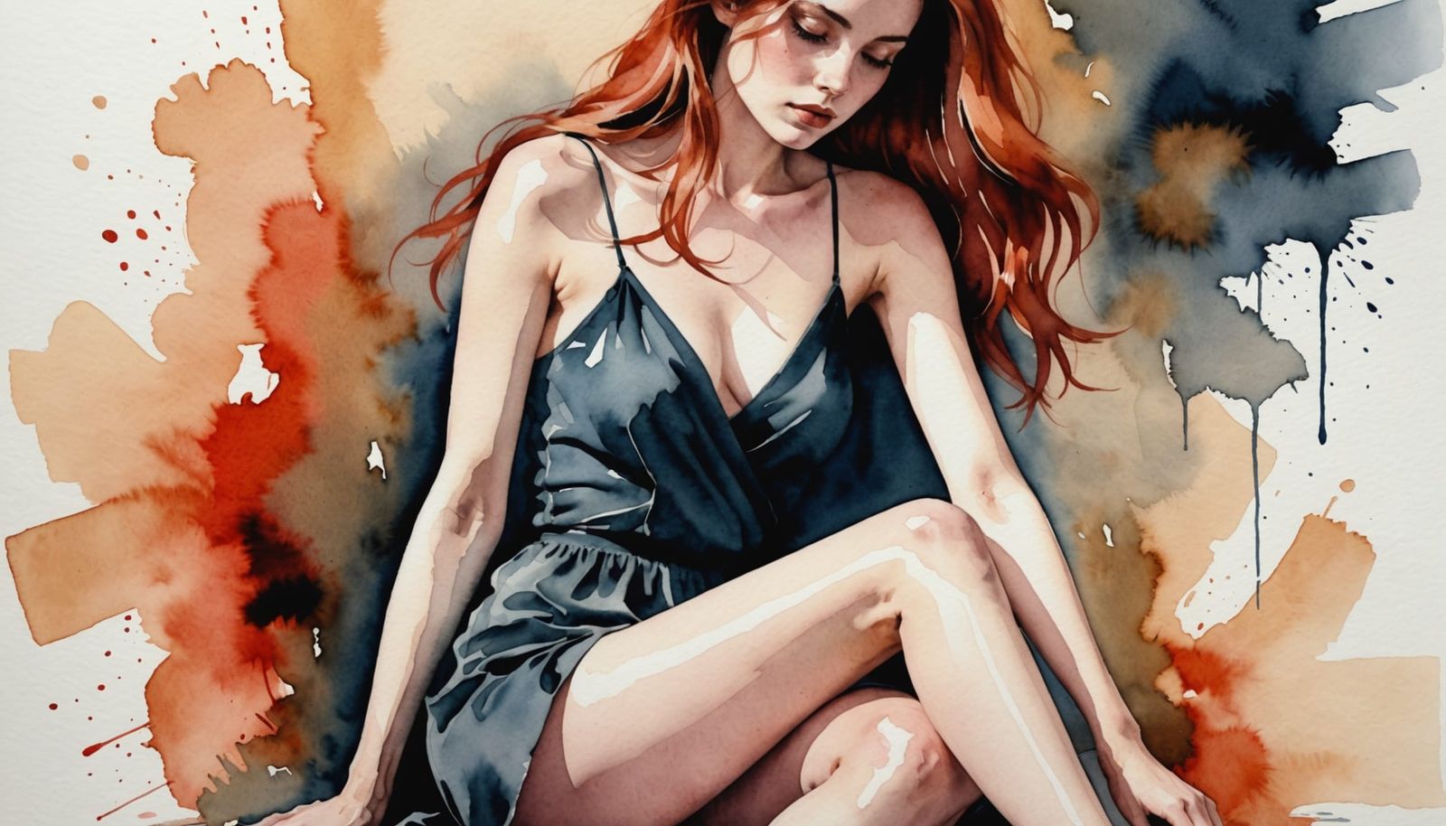 Abstract Ink and Watercolor Portrait of a Redhead