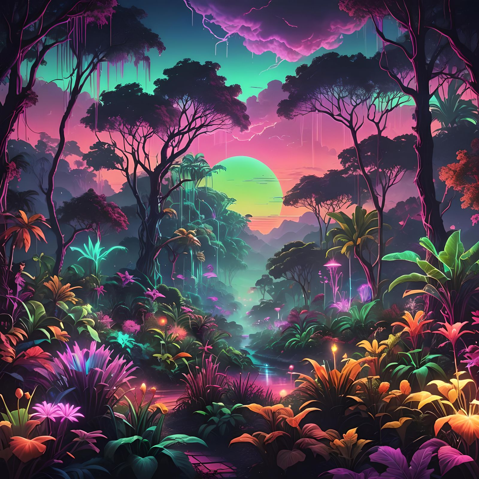 Ethereal Garden of Eden in Synthwave Neon Style