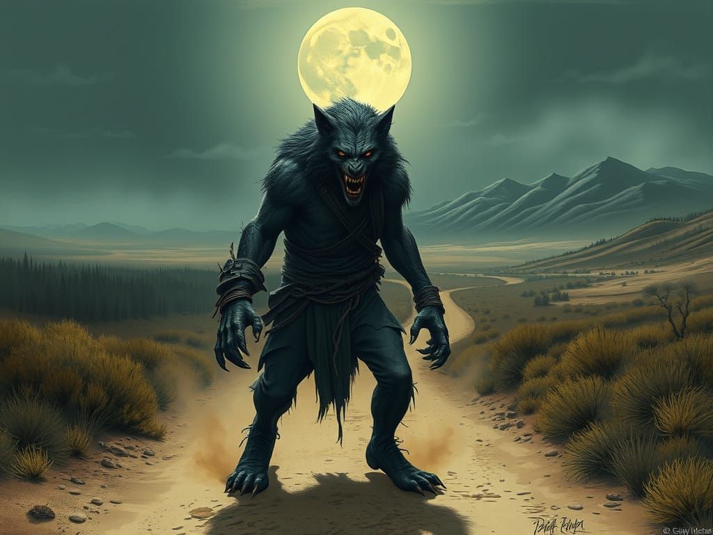 Gothic Werewolf Stands on Moonlit Road