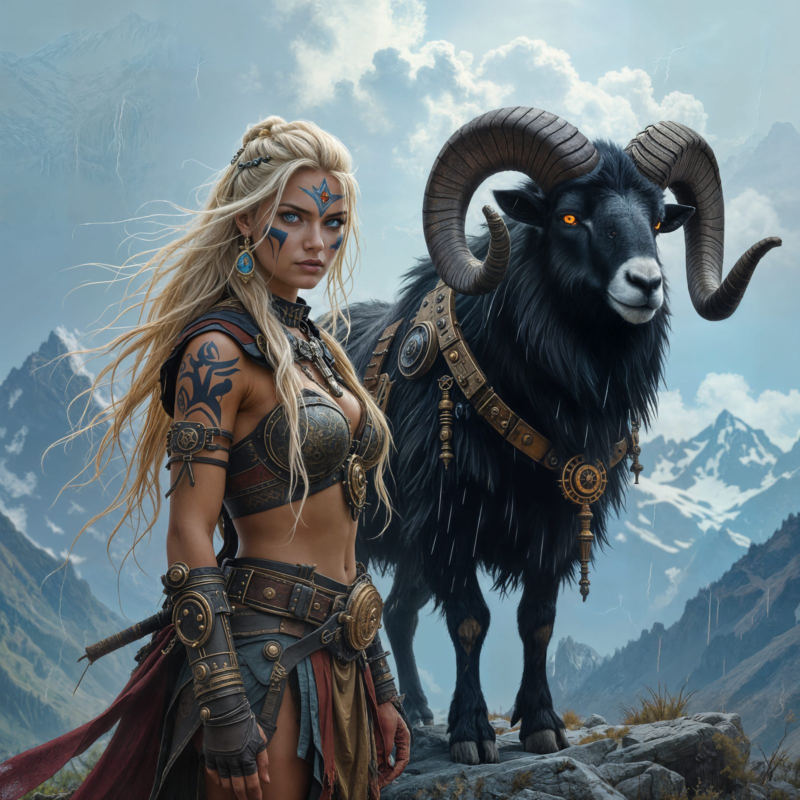 Amazon Warrior and Steampunk Ram in Fantasy Landscape